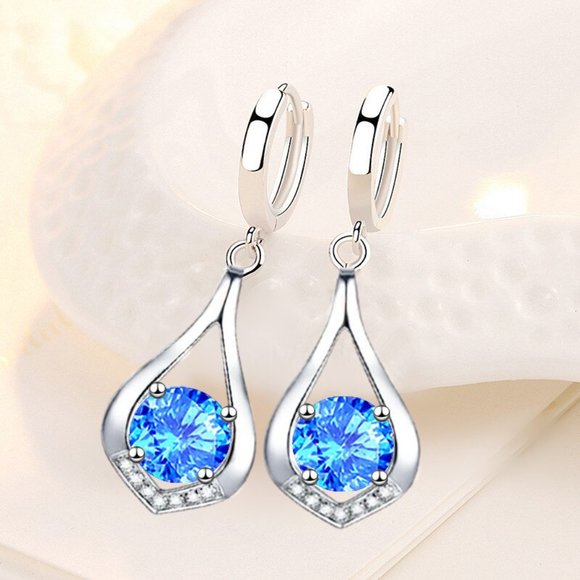 925 Sterling Silver Water Drop Blue Crystal Zircon Earrings for Woman, J767 - Picture 2 of 2